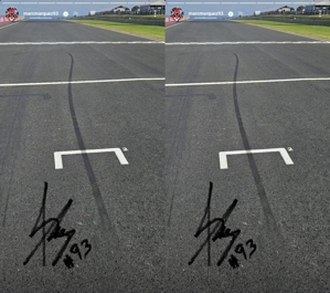 Jejak hitam ban belakang Marc Marquez di Sirkuit Phillip Island usai insiden tear-off MotoGP Australia 2024. (c) Instagram/MarcMarquez93