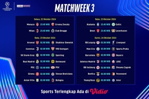 Jadwal Live Streaming Pertandingan Liga Champion 2024/25 Matchweek 3 Pekan Ini di Vidio