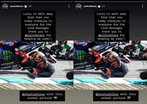 Foto helm dan kepala Jack Miller saat terbentur ban Fabio Quartararo di MotoGP Malaysia 2024. (c) Instagram/JackMillerAus